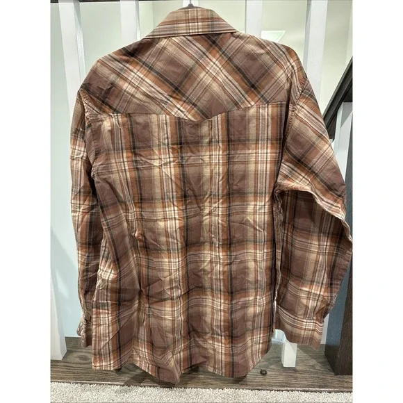 Wrangler Men's Western Shirt Large Brown Plaid, Pearl Snap-Up, Long Sleeve - Picture 4 of 6